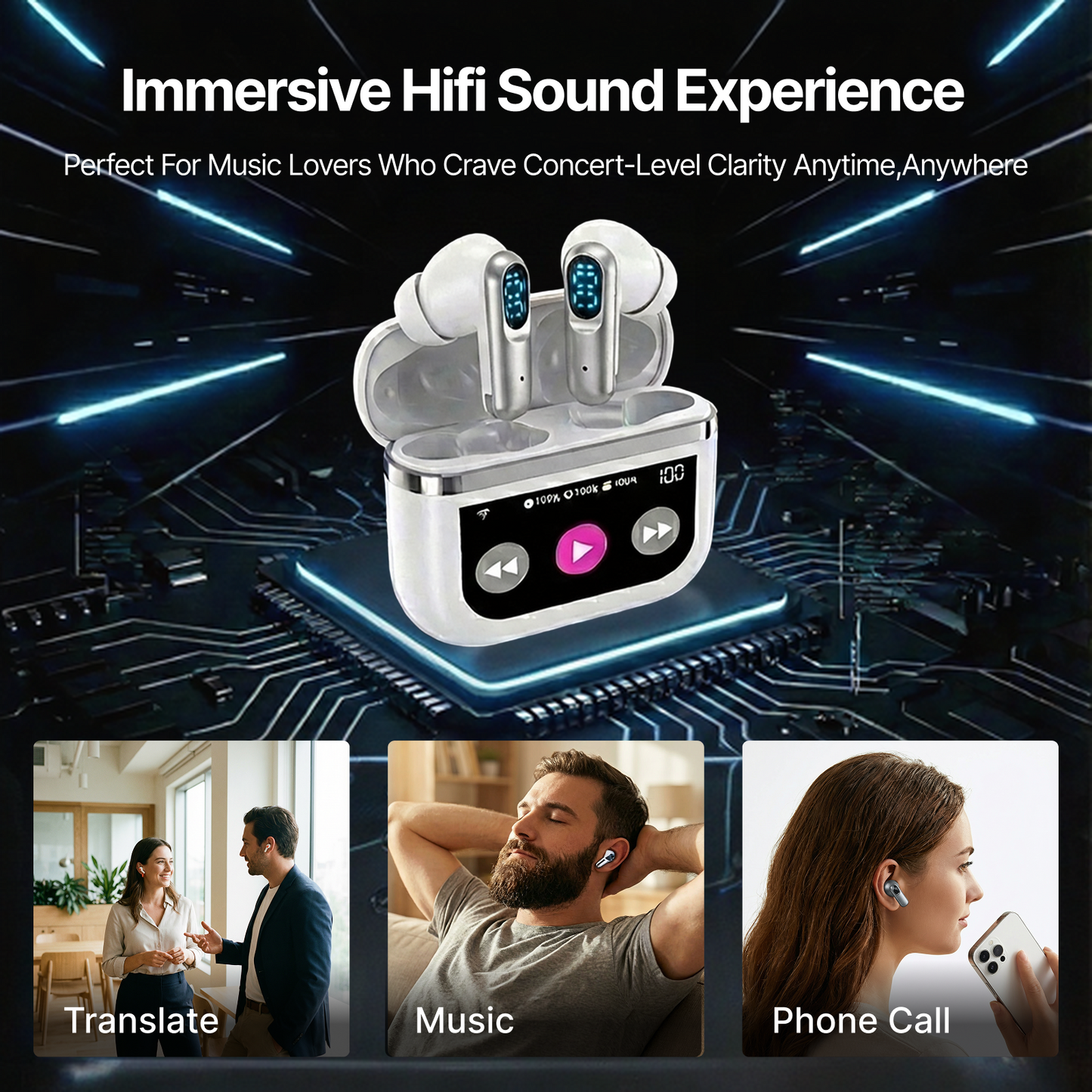 AI Translator Earbuds Real Time Multi Languages Translation Ear Buds with Touch Screen Wireless Earphones Bluetooth in-Ear Headphones for Global Business Travel Learning