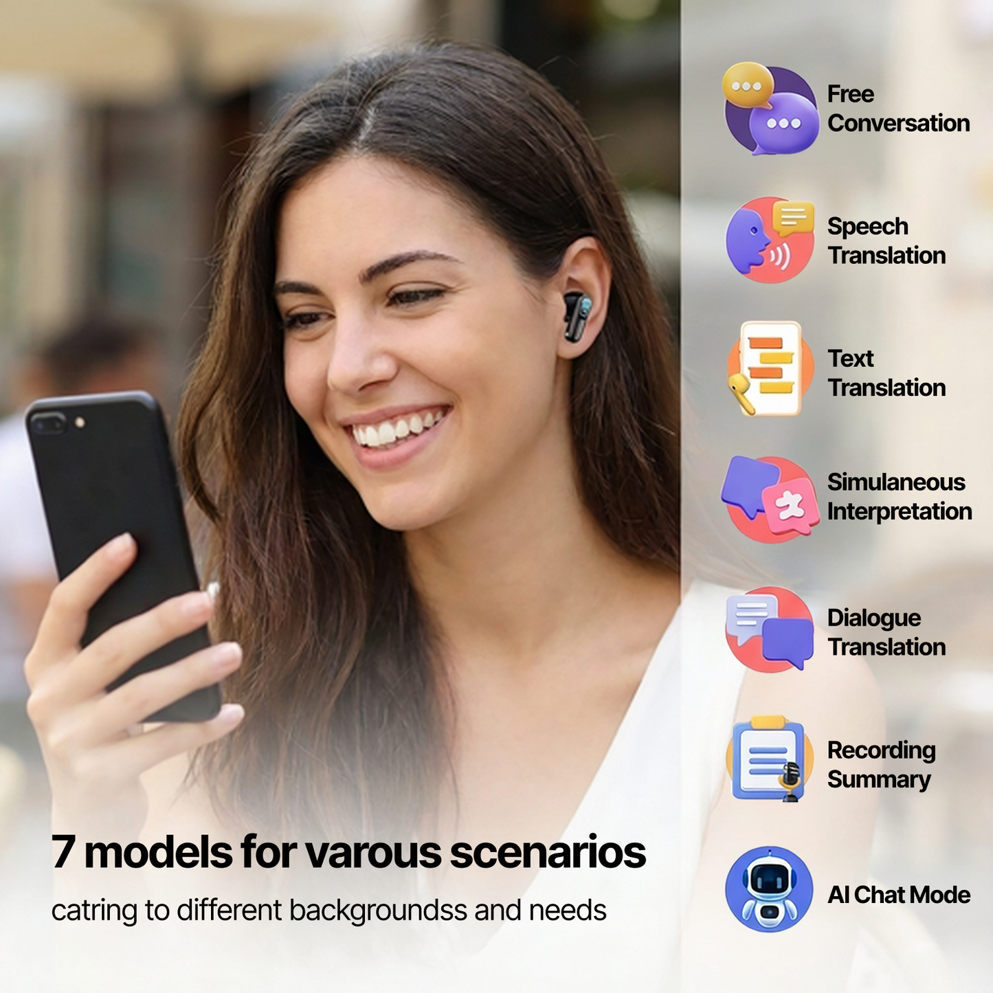 AI Translator Earbuds Real Time Multi Languages Translation Ear Buds with Touch Screen Wireless Earphones Bluetooth in-Ear Headphones for Global Business Travel Learning